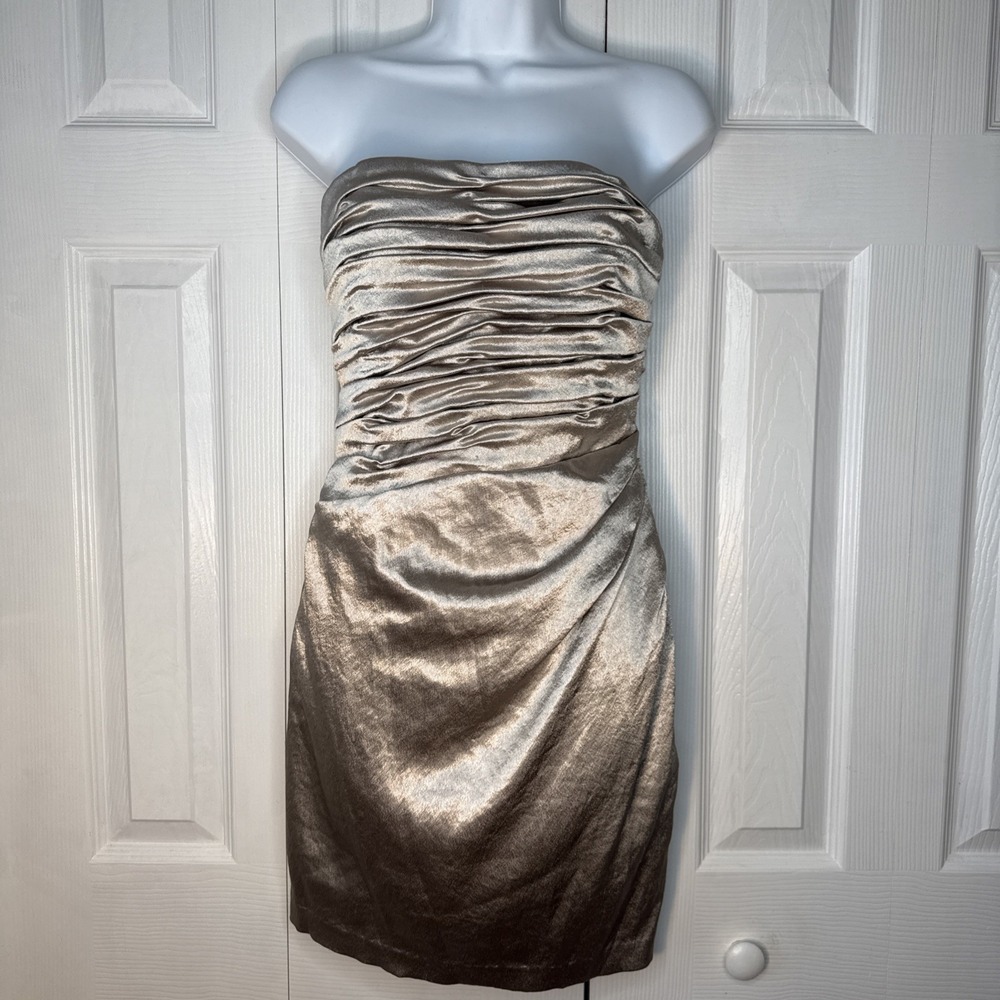 Lauren Ralph Lauren Y2K rouched Metallic‎ Silver Strapless Cocktail Dress 12